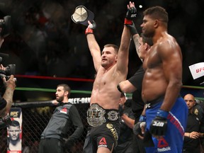 CLEVELAND, OH - SEPTEMBER 10: Stipe Miocic celebrates his victory over Alistair Overeem during the UFC 203 event at Quicken Loans Arena on September 10, 2016 in Cleveland, Ohio.