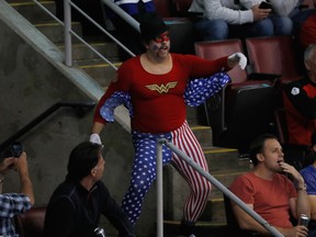 A fan of Team USA cheers on his team while playing Team Canada during the World Cup of Hockey at the Air Canada Center on Tuesday. Canada won the game 4-2.