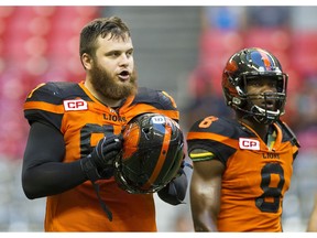 B.C. Lions offensive lineman Hunter Steward, left, is in his third year but he's only started 15 CFL games.