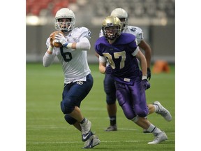 Notre Dame's Steve Moretto (left) helped lead his Jugglers to a Subway Bowl quarterfinal date with Vancouver College last November at B.C. Place.