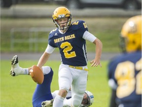 South Delta Sun Devils' Grade 11 quarterback Michael Calvert rushed for three TDs and passed for three more in a win over No. 2 New West. (Arlen Redekop, PNG)