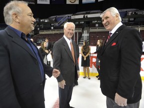 Gordie Howe, ‘Mr. Hockey,’ is the centre of attention, flanked by Vancouver Giants owner Ron Toigo (left) and fellow co-owner Pat Quinn (right), during a Giants team photo session in February 2013. The memory of Howe, who died in June at age 88, will be honoured at the Giants’ home season opener on Sept. 23. The club will also honour, on Nov. 10, the induction that month of Quinn into the Hockey Hall of Fame. Quinn died in 2014 at the age of 71.