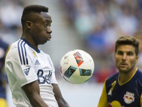 Whitecaps Alphonso Davies traps the ball with his chest against the New York Red Bulls in Vancouver on Sept 3. It's been a season of good stories for WFC2. Davies, the talented 15-year-old winger from Edmonton, signed an MLS deal over the summer and looked good when given opportunities with the big club. Gerry Kahrmann/PNG files