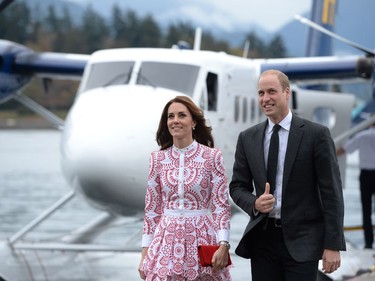 The Duke and Duchess of Cambridge arrive on a float plane in Vancouver, B.C., Sunday, Sept. 25, 2016.