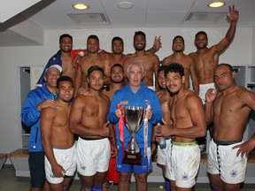 Damian McGrath and his victorious Samoa squad at the 2016 Paris 7s.