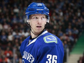 Jannik Hansen of the Vancouver Canucks looks on from the bench during a game against the Anaheim Ducks at Rogers Arena on Jan. 1.