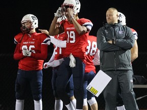 Simon Fraser Clan head coach Kelly Bates looks on late in his team's loss Saturday evening to Central Washington at Terry Fox Field. (Ron Hole, SFU athletics)