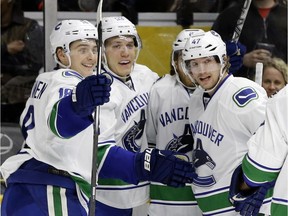 From left, Vancouver Canucks Jake Virtanen, Bo Horvat and Sven Baertschi made a massive impression together during a pre-season game against the Oilers last season. But it took a while before that exhibition game success was replicated for real.