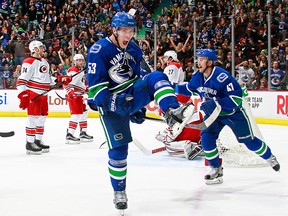 Bo Horvat of the Vancouver Canucks celebrates after scoring against the Carolina Hurricanes during their NHL game at Rogers Arena October 16, 2016 in Vancouver, British Columbia, Canada.