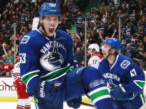 Bo Horvat #53 of the Vancouver Canucks celebrates after scoring against the Carolina Hurricanes during their NHL game at Rogers Arena October 16, 2016 in Vancouver, British Columbia, Canada.