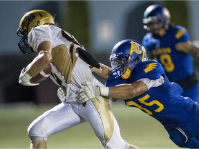 UBC Thunderbirds' defensive back A.J. Blackwell (right) leads a young defence into its biggest test of the season Saturday against the Calgary Dinos at Thunderbird Stadium.