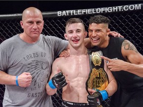 Darwin Douglas, left, Jamie Siraj and Kajan Johnson following Siraj's championship win over Nick Ghaeni at BFL Fight Night 44 in June.