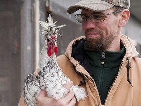 Matthew Nelson of Grade Eh Farms holds a Spitzhauben breed of chicken.