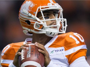 B.C. Lions quarterback Jonathon Jennings passes against the Ottawa Redblacks Saturday at B.C. Place. He completed 80 per cent of his passes for 348 yards and three touchdowns as the Lions won 40-3.