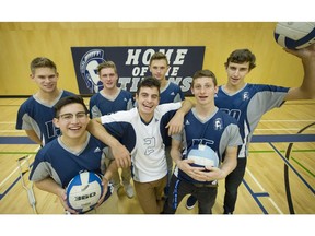 Teammates and friends of the Langley Fundamental Titans senior boys' volleyball team, who are ranked No. 1 in B.C. double-A this week, from the left: Jordan Goh, Mo Fadaie, Zechariah Johnson; rear left Max Heppell, Brendan Gill, Philip Stahl and Jacob Dewolf.