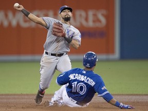 Rougned Odor punches out Edwin Encarnacion (get it?), but can't complete the double play.