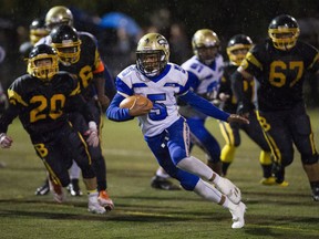 Seaquam's Jalen Philpot, one half of the Seaquam Seahawks twin-powered attack, finds running room against the Hugh Boyd Trojans last Friday in Richmond. (PNG photo by Gerry Kahrmann)