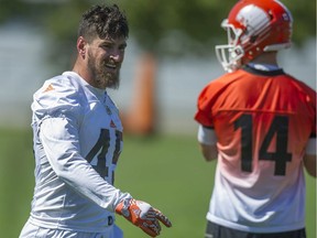 Jason Arakgi at Lions practice in Surrey in August. ‘I’m very proud of my record but I don’t think anyone tries to break a record for the best backup,’ the holder of the CFL record for special teams tackles says.