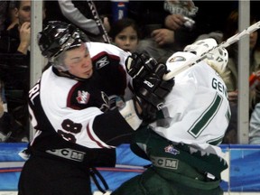 Hard-nosed Mike Wuchterl, left, in his playing days with the Vancouver Giants.