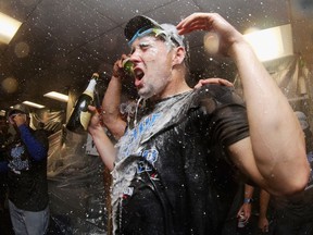 Toronto Blue Jays pitcher Aaron Sanchez celebrates the team's 2-1 win over the Red Sox on Sunday in Boston. The Jays will play the Baltimore Orioles on Tuesday night at the Rogers Centre in a wild-card playoff game.