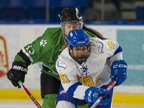 UBC forward Cassandra Vilgrain, front, received athlete-of the-week honours from the school and Canada West after debuting with the Thunderbirds last weekend with three goals and two assists in her first two conference games.