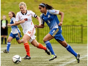 UBC Thunderbirds' forward Jasmin Dhanda, right, scored four goals in her team's 8-0 home-field win over Thompson Rivers last Saturday.