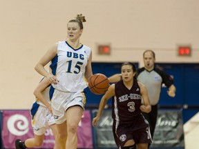 UBC Thunderbirds guard Maddison Penn brings the ball up floor Saturday at War Memorial Gymnasium in a pre-season contest against Julia Soriano and the Ottawa Gee-Gees. UBC won 51-43. Wilson Wong/UBC Athletics