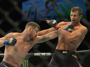 Michael Bisping (blue gloves) and Luke Rockhold (red gloves) fight during their middleweight championship bout at UFC 199 at The Forum on June 4, 2016 in Inglewood, California. (Photo by Jayne Kamin-Oncea/Getty Images)