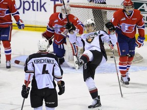 Vancouver Giants veteran Thomas Foster, shown celebrating a goal in 2015, says boredom is a big factor on long road trips.