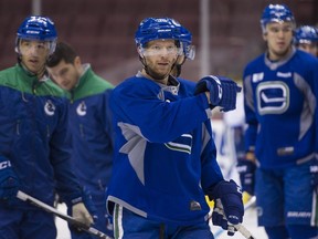 VANCOUVER,BC:OCTOBER 13, 2016 -- Vancouver Canucks Jannik Hansen #36 gestures during team practice at Rogers Arena in Vancouver, BC, October, 13, 2016. (Richard Lam/PNG) (For ) 00045640A [PNG Merlin Archive]