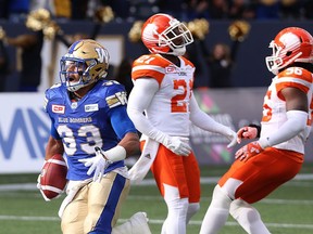 Former Lions running back Andrew Harris of the Winnipeg Blue Bombers runs in a touchdown during Saturday's 37-35 victory over B.C. Harris appeared to fumble the ball late in the game but he was ruled down by contact.