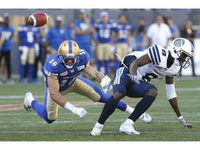 Winnipeg Blue Bombers' Taylor Loffler (16) knocks down Dan LeFevour's (18) pass intended for Toronto Argonauts' Kenny Shaw (8) during second half CFL action in Winnipeg, Saturday, September 17, 2016.