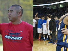 Abby Panthers football coach Jay Fujimura (left) and Steveston-London boys basketball coach Mike Stoneburgh join host Howard Tsumura for another episode of Varsity Letters. (PNG file photos)