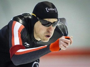 Denny Morrison competes in his first speedskating race in Calgary, Alta., Thursday, March 17, 2016, since his motorcycle accident last May. Morrison was a double winner the last time he competed in World Cup long-track speed skating 20 months ago.The multi-Olympic medallist makes his return to the international circuit next week after he was injured in a motorcycle crash in 2015 and then suffered a stroke earlier this year. THE CANADIAN PRESS/Jeff McIntosh