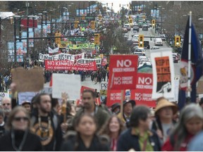 Thousands marched in Vancouver Saturday, Nov. 19, 2016, to protest any expansion of the Kinder Morgan pipeline.