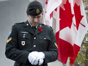 A soldier stands guard at a cenotaph during Remembrance Day ceremonies.