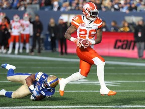 B.C. Lions running back Anthony Allen scoots into the end zone against the Winnipeg Blue Bombers Oct. 8. The teams meet again on Sunday.