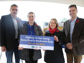 Transportation Minister Todd Stone, right, has been touring B.C. recently, announcing millions in road projects that an analysis shows have disproportionally benefited Liberal-held ridings since the last election. Stone is seen here on Oct. 28, announcing a highway expansion near Prince George with cabinet ministers Shirley Bond, centre right, and Mike Morris, left, who have seen their Prince George-area ridings receive some of the top funding.