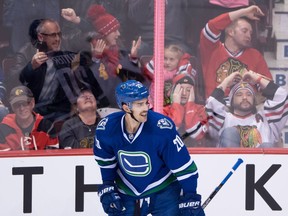 Brandon Sutter celebrates his goal Saturday vs. the Blackhawks, the four straight game he's twinkled the twine.