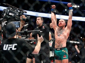 The always colourful Conor  (The Notorious) McGregor celebrates his Aug. 20 victory over Nate Diaz during their welterweight rematch at the UFC 202 event at T-Mobile Arena in Las Vegas.