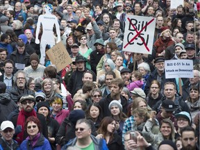 Demonstrators attend a protest on a national day of action against Bill C-51, the government's proposed anti-terrorism legislation.