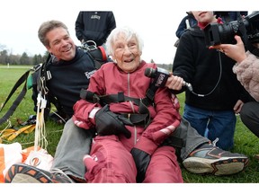 Eleanor Cunningham smiles after safely landing with tandem master Dean McDonald at Saratoga Skydiving Adventures on Nov. 8, 2014, in Gansevoort, N.Y., a day after her 100th birthday. It was her third jump, after taking up the sport at age 90. Large increase in life expectancy mostly not linked to medical advances, op-ed authors say.