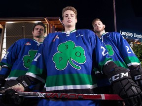 From left: Thomas Foster, Ty Ronning and Darian Skeoch. The Vancouver Giants will wear these special uniforms honouring late Irishman Pat Quinn when they host the Prince George Cougars on Thursday at the Langley Events Centre. The former Giants co-owner will be inducted into the Hockey Hall of Fame this weekend.