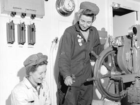 The Burrard Shipyard in 1943. Ena Spracklin, left, and Shirley Ware, electrician's helpers with Williams Bros.