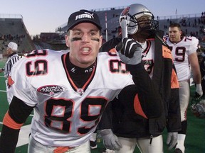 B.C. Lions wide receiver Denis Montana celebrates the team's win over the Stampeders in the 2000 West Final in Calgary. The Leos were big underdogs in the game, coming in with an 8-10 record.