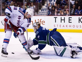 Jacob Markstrom stops J.T. Miller of the Rangers.