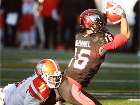 Marquay McDaniel of the Calgary Stampeders comes down with a touchdown in their 42-15 beatdown against the B.C. Lions on Sunday.