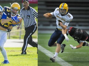 South Delta receiver Billy Matwichyna (left) and quarterback Michael Calvert face the Terry Fox defence on Saturday at B.C. Place. (PNG file photos)