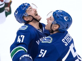 Vancouver Canucks' Sven Baertschi, left, and Troy Stecher celebrate Baertschi's game-winner against the Minnesota Wild during the third period of an NHL hockey game in Vancouver, B.C., on Tuesday November 29, 2016.