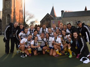 UBC Thunderbirds field hockey players and coaches are all smiles after the program won its sixth straight U Sports (formerly CIS) national championship title Sunday in Toronto. U Sports photo